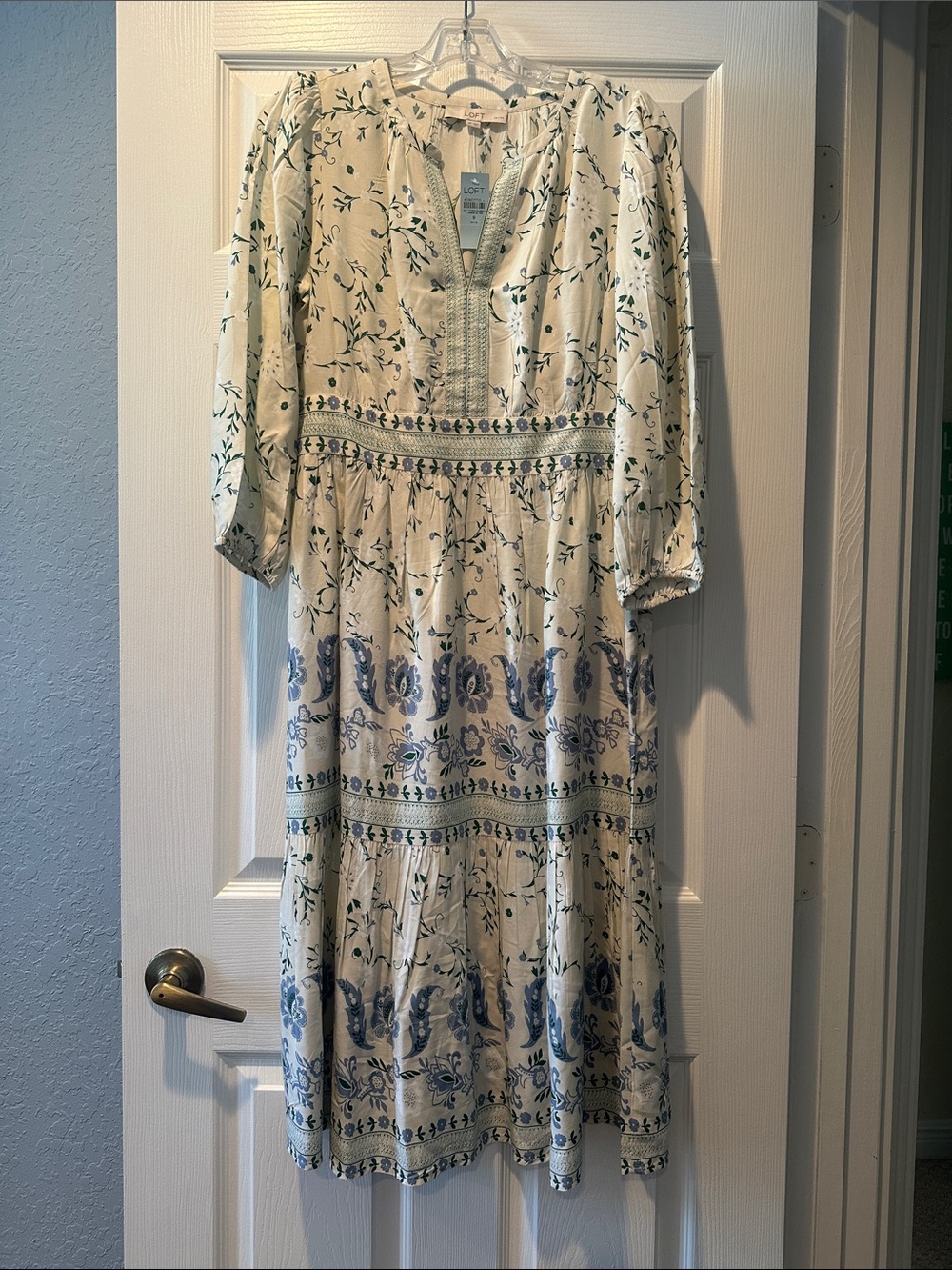 LOFT Cream Midi Dress with Blue and Green Floral Motif